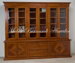 LB55 Walnut Bookcase Raised Base Inlaid Doors Glass Doors Drawers 01